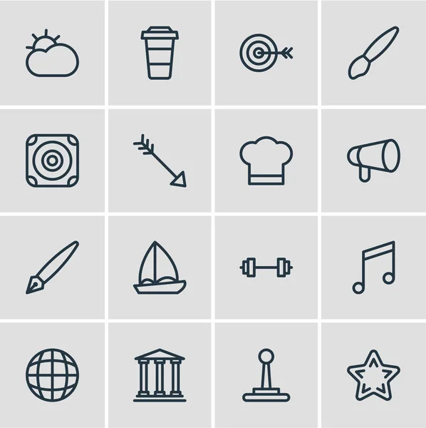 Vectorillustratie van 16 entertainment pictogrammen lijnstijl. Boot, borstel, bullhorn en andere elementen van het pictogram bewerkbaar set. — Stockvector