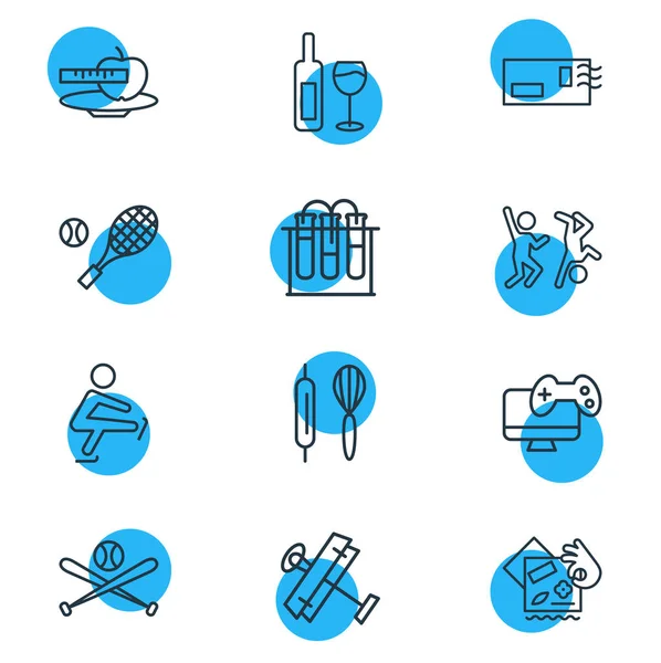Ilustración de 12 iconos hobby estilo de línea. Conjunto editable de química, horneado, aeromodelación y otros elementos del icono . — Foto de Stock
