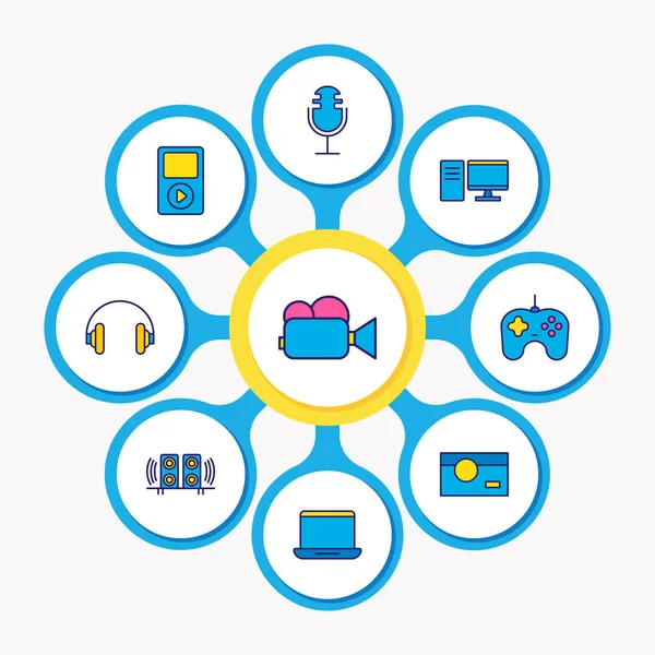 9 gadget simgeler renkli çizgi gösterimi. Masaüstü bilgisayar, mikrofon, dizüstü bilgisayar ve diğer simge öğeleri düzenlenebilir kümesi.