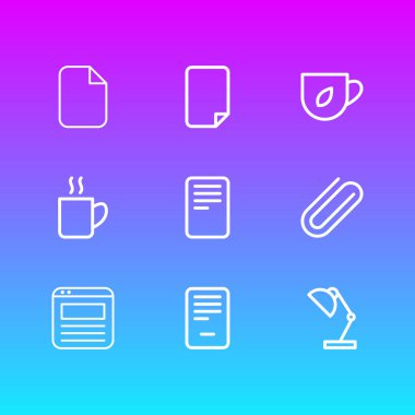 9 çalışma alanı simgeleri çizgi stili vektör Illustration. Dosya, kahve kupa, boş ve diğer simge öğeleri düzenlenebilir kümesi.