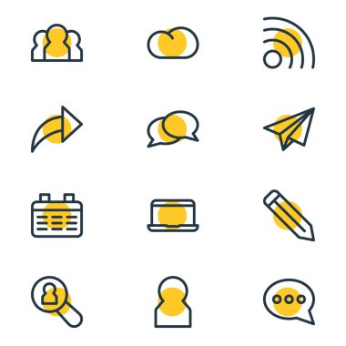 12 topluluk simgeler çizgi stili vektör Illustration. Kalem, dizüstü bilgisayar, üye ve diğer simge öğeleri düzenlenebilir kümesi.