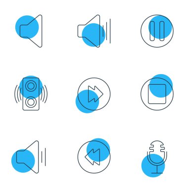 9 melodi simgeler çizgi stili vektör Illustration. Dur, yukarı doğru ses, hoparlör ve diğer simge öğeleri düzenlenebilir kümesi.