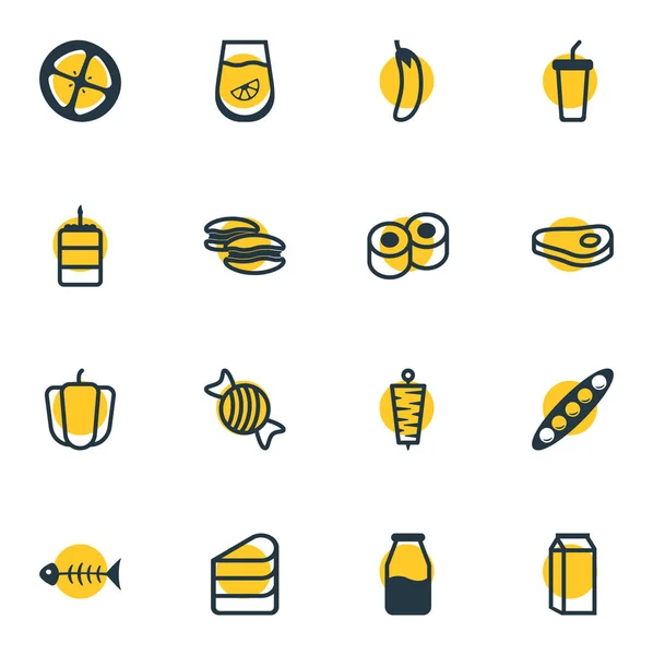 Ilustración vectorial de 16 iconos de comida estilo línea. Conjunto editable de repostería, pimiento, rodaja de tomate y otros elementos del icono . — Archivo Imágenes Vectoriales