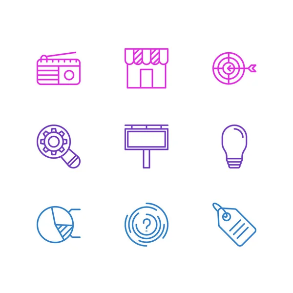 Ilustração vetorial de 9 ícones de publicidade estilo linha. Conjunto editável de rádio, loja, ideia e outros elementos de ícone . — Vetor de Stock