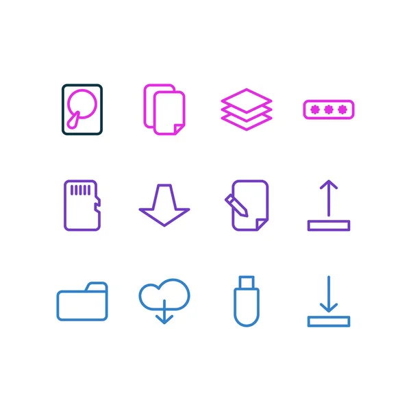 Ilustración vectorial de 12 iconos de memoria estilo de línea. Conjunto editable de descarga, tarjeta SD, edición y otros elementos del icono . — Vector de stock