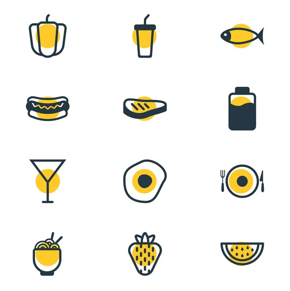 Векторная иллюстрация стиля линии из 12 иконок еды. Editable set of hot dog, paper cup, armelon and other icon elements . — стоковый вектор