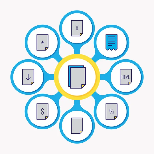 9个文档图标的矢量插图彩色行。可编辑的删除文件、下载、合同和其他图标元素集. — 图库矢量图片