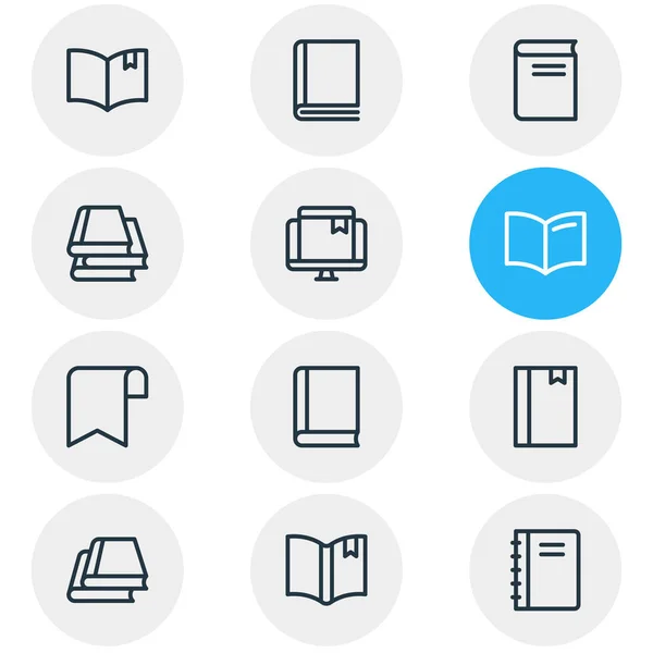 Ilustración vectorial de 12 iconos de lectura de libros estilo línea. Conjunto editable de lectura de libros, marcador en línea, elementos del icono del manual . — Archivo Imágenes Vectoriales