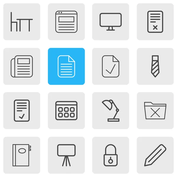 Vektorové ilustrace styl čáry ikony 16 bureau. Upravitelné sada Prohlížeč kartu, potvrzení, notebook a další prvky, ikona. — Stockový vektor
