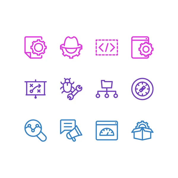 Vectorillustratie van 12 pictogrammen lijnstijl marketing. Bewerkbare set van Seo rapport, servicepakketten, aangepaste codering en andere elementen van het pictogram. — Stockvector