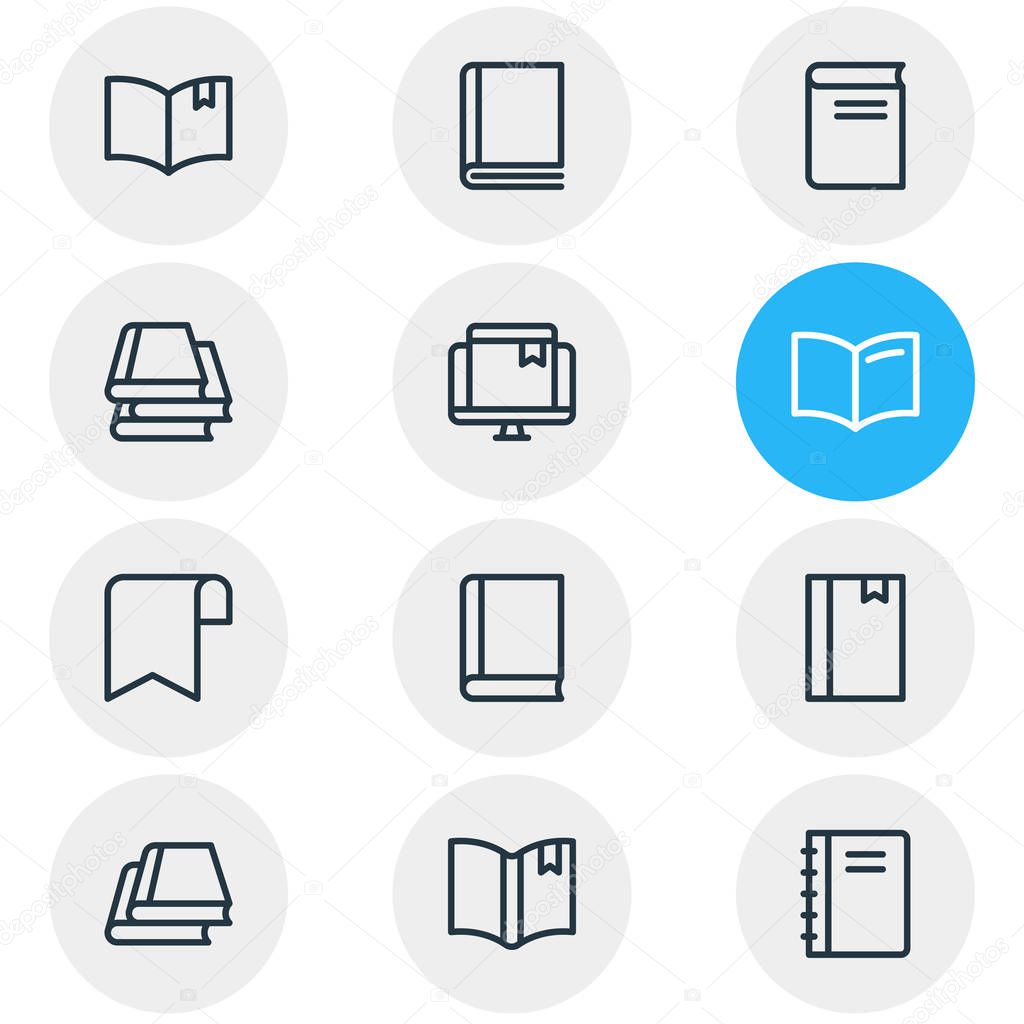 Vector illustration of 12 book reading icons line style. Editable set of book reading, online bookmark, handbook icon elements.