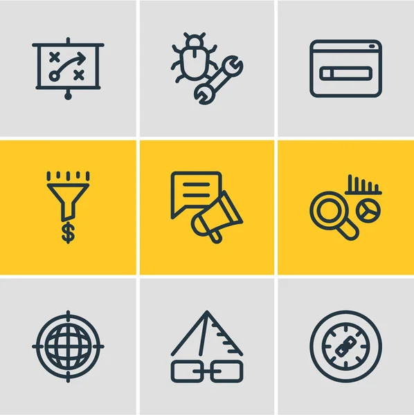 illustration of 9 marketing icons line style. Editable set of link pyramid, link wheel, marketing strategy and other icon elements.