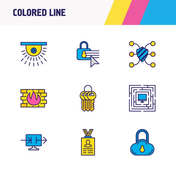 Illustration de 9 icônes de données ligne colorée. Ensemble modifiable de porte-clés, protection des données cloud, ordinateur protégé et autres éléments d'icône . — Photo