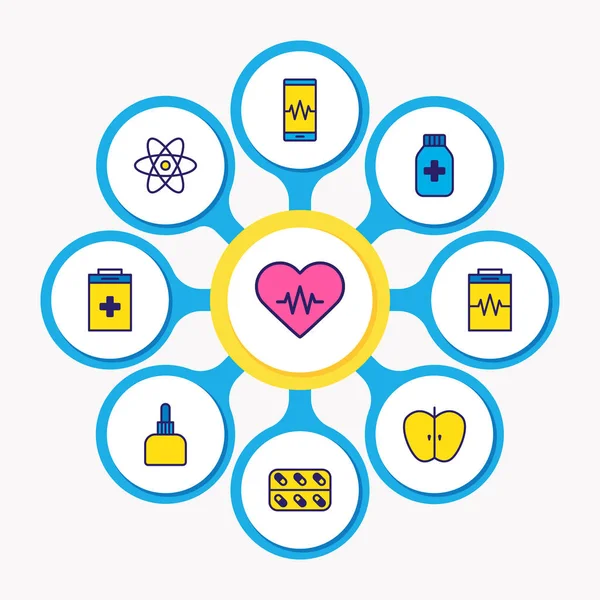 illustration of 9 medicine icons colored line. Editable set of apple, vitamins, heartbeat and other icon elements.