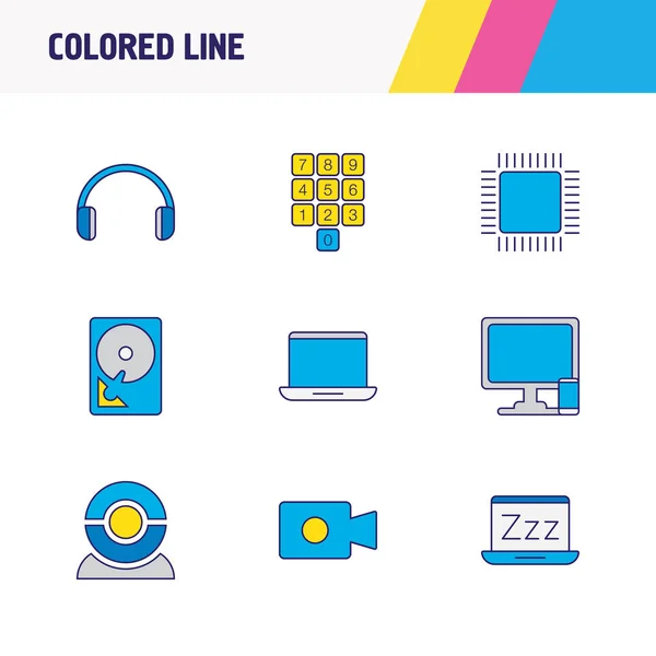 Ілюстрація 9 значків ноутбука кольорової лінії. Редагований набір режимів сну, комп'ютер з телефоном, навушники та інші елементи піктограм . — стокове фото