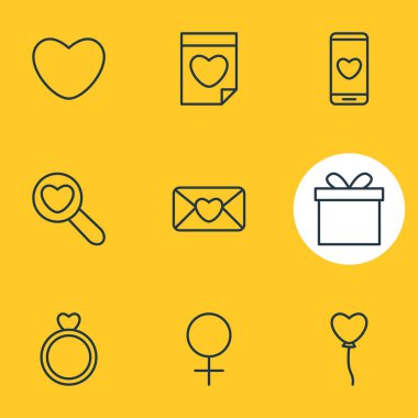 9 aşk simgeler çizgi stili vektör Illustration. Erkek, telefon, posta ve diğer simge öğeleri düzenlenebilir kümesi.