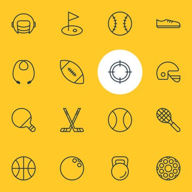 16 fitness simgeler çizgi stili vektör Illustration. Kask, kettlebell, rugby ve diğer simge öğeleri düzenlenebilir kümesi.