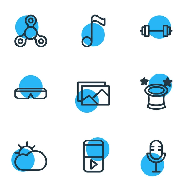 Illustration de 9 icônes de divertissement style ligne. Ensemble modifiable d'éléments d'aigus, microphone, image et autres icônes . — Photo