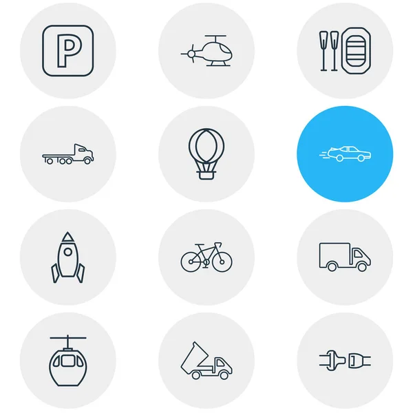 12 közlekedési ikonok vonalstílus illusztrációja. Szerkeszthető csoportja, helikopter, sport autó, felvonó és egyéb ikon. — Stock Fotó