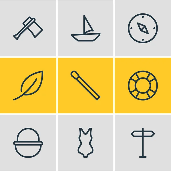 Ilustración de 9 iconos del campamento estilo de línea. Conjunto editable de cesta, hoja, bikini y otros elementos del icono . —  Fotos de Stock