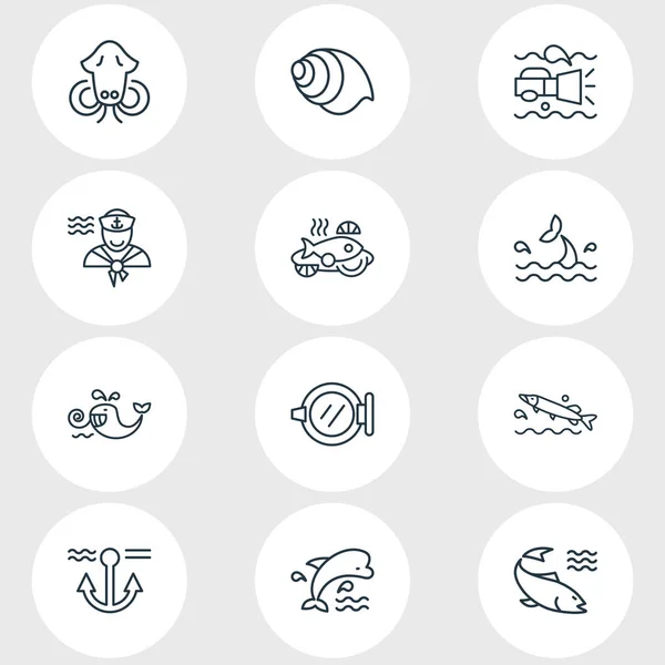 Illustration av 12 maritima ikoner linjeformat. Redigerbara uppsättning fartyget fönster, gädda fisk, ugnsbakad fisk och andra ikonen element. — Stockfoto