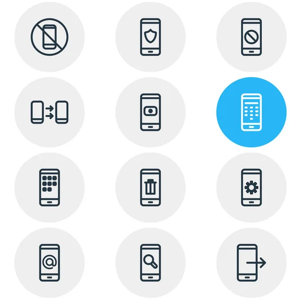 Ilustración de 12 iconos de teléfono estilo de línea. Conjunto editable de correo, aplicaciones, código de paso y otros elementos del icono . —  Fotos de Stock