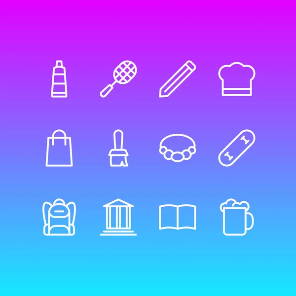 Illustration de 12 icônes de passe-temps style ligne. Ensemble modifiable de shopping, brosse, accessoire et autres éléments d'icône . — Photo