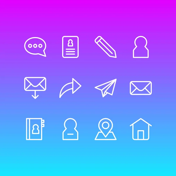 Ilustración de 12 iconos de contacto estilo de línea. Conjunto editable de cv, casa, miembro y otros elementos del icono . — Foto de Stock