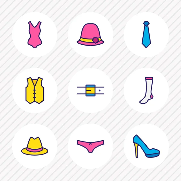 Ilustración de 9 iconos de vestido línea de color. Conjunto editable de cinturón, traje de baño, calcetines y otros elementos del icono . —  Fotos de Stock
