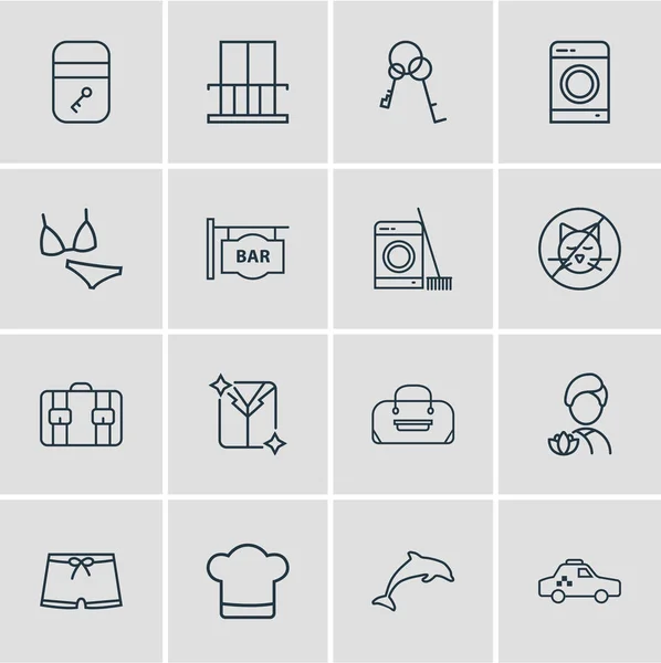 Ilustracja 16 hotel ikony stylu linii. Można edytować zestaw nie zwierząt, pralka, walizki i inne elementy ikony. — Zdjęcie stockowe