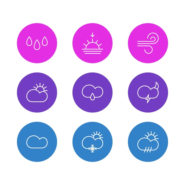 Ilustración de 9 iconos del cielo estilo de línea. Conjunto editable de nieve, gota de lluvia, luz solar y otros elementos del icono . —  Fotos de Stock