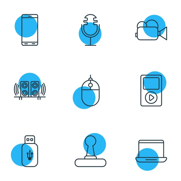 Illustration von 9 Accessoire-Symbolen Linie Stil. Editierbares Set von mp3-Player, Lautsprechern, Handy und anderen Symbolelementen. — Stockfoto