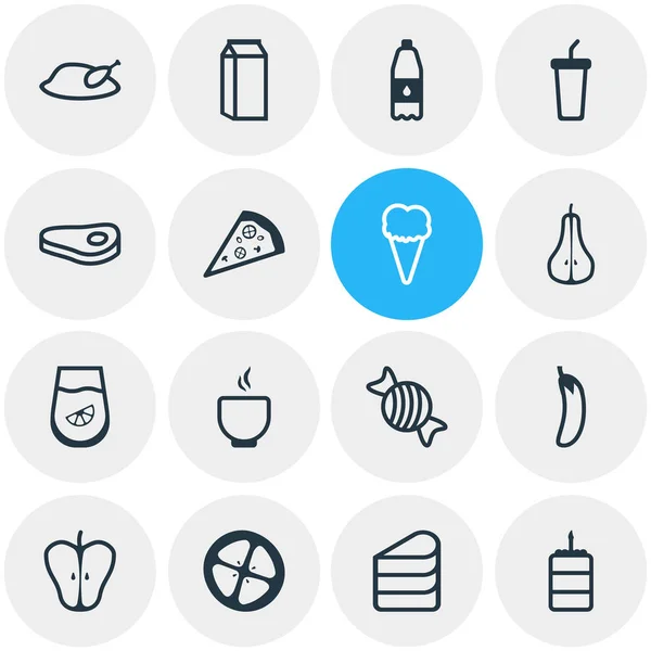 Ilustración de 16 iconos de comida estilo de línea. Conjunto editable de lácteos, rodajas de tomate, pizzería y otros elementos icono . —  Fotos de Stock