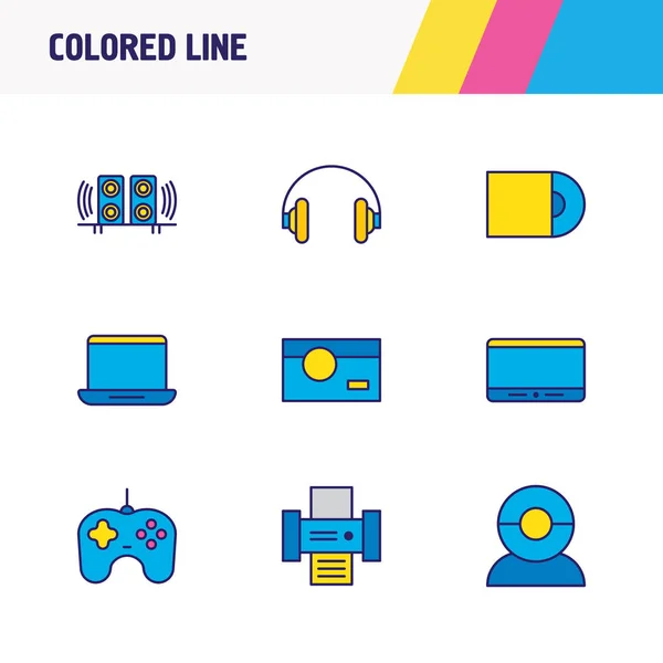 Ілюстрація 9 значків гаджетів кольорової лінії. Підходить набір планшетів, геймплеїв, принтерів та інших елементів піктограм . — стокове фото