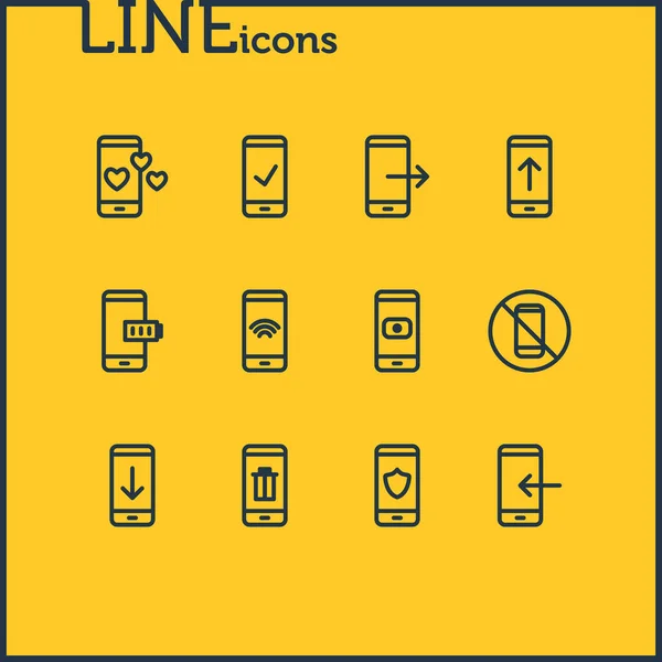 Ilustración de 12 iconos de teléfono estilo de línea. Conjunto editable de flecha hacia abajo, prohibido, comprobar y otros elementos del icono . —  Fotos de Stock