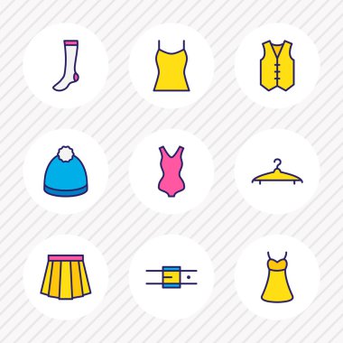 9 Giysi simgeler renkli çizgi vektör Illustration. Elbise, çorap, askı ve diğer simge öğeleri düzenlenebilir kümesi.