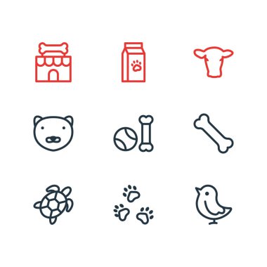9 fauna simgeler çizgi stili vektör Illustration. Evde beslenen hayvan toys, kemik, inek ve diğer simge öğeleri düzenlenebilir kümesi.