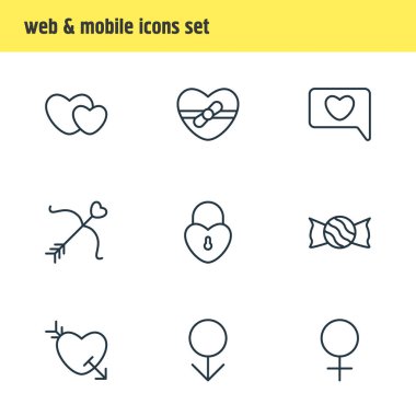 9 aşk simgeler çizgi stili vektör Illustration. Düzenlenebilir dizi şeker, adam, soyunma simgesi öğeleri.