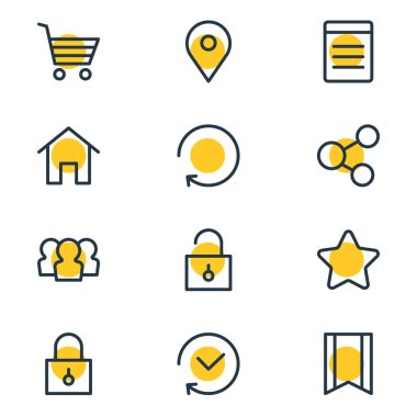 12 app simgeleri çizgi stili vektör Illustration. Konumu, düzenlenebilir dizi kilidini, yıldız ve diğer simge öğeleri.