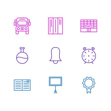 9 eğitim simgeler çizgi stili vektör Illustration. Düzenlenebilir bell, bina, okul otobüsü ve diğer simge öğeleri kümesi.