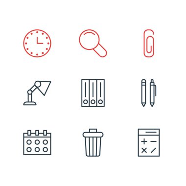 9 araçları simgeler çizgi stili vektör Illustration. Hesap makinesi, klip, kalem ve diğer simge öğeleri düzenlenebilir kümesi.
