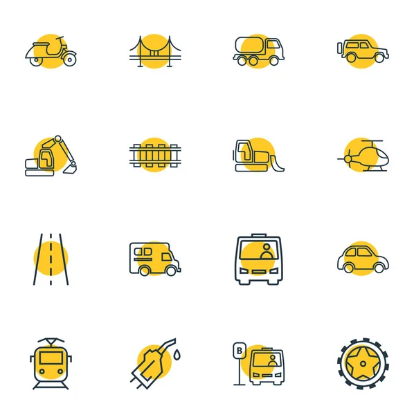 Ilustração vetorial de 16 ícones carregando estilo de linha. Conjunto editável de tubulação de gasolina, ponte, ferrovia e outros elementos ícone . —  Vetores de Stock