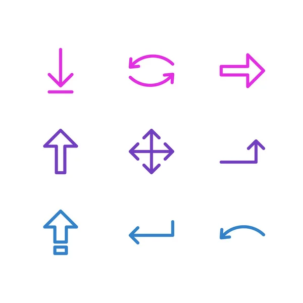 9个箭头图标线条样式的矢量插图。可编辑的下载、放大、重复和其他图标元素集. — 图库矢量图片