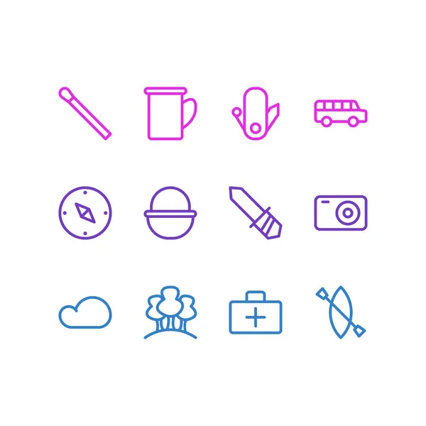 Vektoros illusztráció 12 kemping ikonok vonalstílust. Szerkeszthető cloud, erdei, busz és egyéb ikon készlet. — Stock Vector