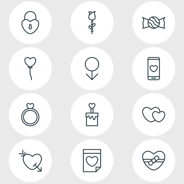 Ilustración vectorial de 12 iconos de amor estilo de línea. Conjunto editable de casillero, globos, anillo y otros elementos del icono . — Archivo Imágenes Vectoriales