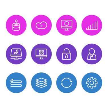 12 Internet simgeleri çizgi stili Illustration. Eşitleme, yazılım, teknoloji ve diğer simge öğeleri düzenlenebilir kümesi.