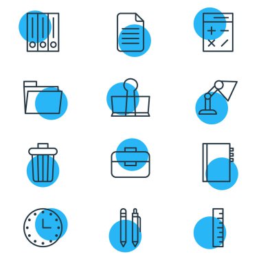 12 araçları simgeler çizgi stili vektör Illustration. Defterini, dosya, cetvel ve diğer simge öğeleri düzenlenebilir kümesi.