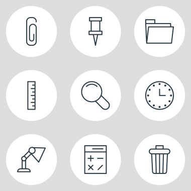 9 aletleri simgeler çizgi stili vektör Illustration. Hesap makinesi, cetvel, klip ve diğer simge öğeleri düzenlenebilir kümesi.