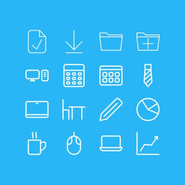 16 Bürosu simgeler çizgi stili vektör Illustration. Hesap makinesi, pasta grafiği, İşyeri ve diğer simge öğeleri düzenlenebilir kümesi.