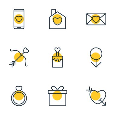 9 aşk simgeler çizgi stili vektör Illustration. Yüzük, yay, adam ve diğer simge öğeleri düzenlenebilir kümesi.